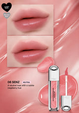 Lip gloss with packaging and close-up of lips wearing the product on a white background