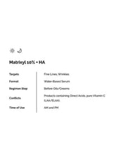 Product information card for Matrixyl 10% + HA with text details on a white background.