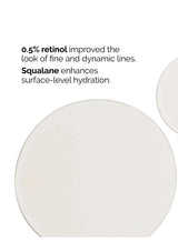 Cosmetic product with text about retinol and squalane on a white background
