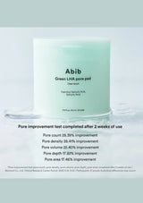 A single Abib Green LHA pore pad shown upright on a white surface with a pale mint-green label and black text. Below the product is a block of usage results text on a white background with a light gray-green border at the top and bottom.