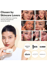 A skincare product promotional graphic featuring a woman holding a small white jar on the left, a collage of facial treatment close-ups on the right, and logos for Vogue Korea, E News, Glamour, Allure, The Cut, and New Beauty at the bottom.