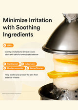 Promotional graphic for a soothing skincare ingredient product, featuring a close-up of a metal pot lid pressing down on a jar containing a pale cream-colored substance with orange slices. The left side contains text reading 'Minimize Irritation with Soothing Ingredients' and lists LHA, Panthenol, Allantoin, Madecassoside, and Beta-Glucan.