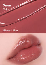 Lipstick shade 734 'Dawn' shown on a swatch and applied to lips.