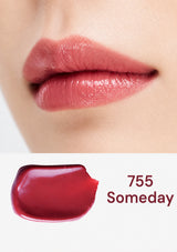 Lipstick shade 755 'Someday' applied on lips with a swatch below.
