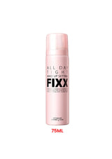 Pink bottle of 'All Day Fight Fixx' makeup setting spray on a white background
