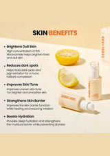 SKIN CARE PRODUCTS WITH LEMONS AND TEXT DESCRIBING SKIN BENEFITS ON A BEIGE BACKGROUND