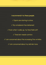 Text on a black background with yellow text recommending a product for specific skin concerns.
