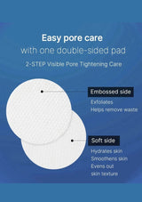 Double-sided pad for easy pore care with embossed and soft sides on a blue background