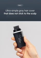 Hand holding a black hair product with text about an ultra-simple gray hair cover.