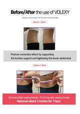 Advertisement for VOLEXY posture correction belt showing before and after effects on posture.