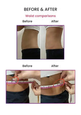 VOLEXY before-and-after waist photographs and tape-measure comparisons