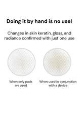 An informational graphic with text reading 'Doing it by hand is no use!' and two circular close-ups of a pad. The left pad is labeled 'When only pads are used' and appears mostly clear/white.