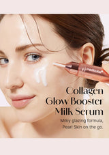 Woman applying Collagen Glow Booster Milk Serum to her face with a close-up of the product.