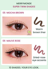 MERRYMONDE Super Twim Pen Eyeliner 05 Mocha Brown and 06 Mauve Rose: eye makeup looks and colour swatches