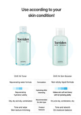 Two bottles of Torriden skincare products with text on a white background