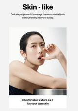 Woman with a smooth skin-like finish and text about product texture