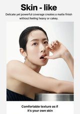 Woman with a smooth skin-like finish and text about product texture
