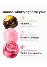 Pink container with pearl-like beads and a spoon on a white background