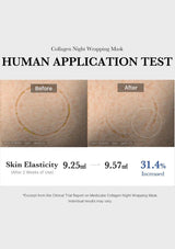 Collagen night wrapping mask application test showing before and after effects on skin elasticity.