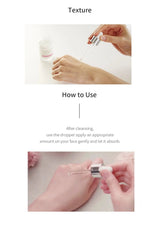 Instructions on how to use a dropper with text 'How to Use' and 'After cleansing, use the dropper apply an appropriate amount on your face gently and let it absorb.'.
