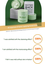 Notsee Back skincare products with customer satisfaction survey results on a green and white background