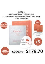 ClearDea mucin collagen EGF fitting mask packaging with promotional text on a white background