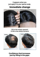 Before and after comparison of hair application on a person's scalp with text describing the product's effects.