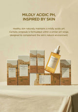 Centella Ampoule and boxes on a beige background with text about mildly acidic pH levels.