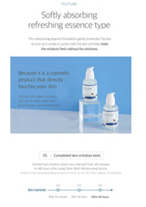 Cosmetic bottles with text about a moisturizing essence product on a blue background