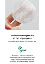 Vegan exfoliating pad held by a hand with text about the embossed pattern and vegan certification.