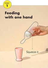 Illustration of a hand holding a baby bottle with text 'Feeding with one hand' and 'Squeeze it' on a beige background.