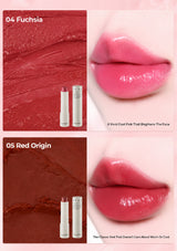 Lipstick shades 04 Fuchsia and 05 Red Origin with swatches and close-up of lips wearing the colors.