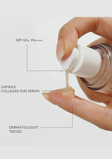 Hand applying capsule collagen sun serum with product details on a white background