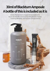 Gray shampoo bottle with pump and black tube on a marble surface with text about Blackturn Ampoule.