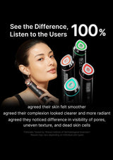 Skincare device with a woman using it, text about user feedback on skin improvement.