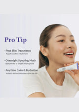 Woman holding a skincare product with text on a light gray background