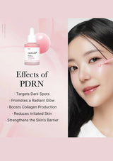 Skincare product with a woman using it, featuring text about PDRN effects on skin.