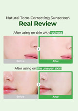 Before and after comparison of a natural tone-correcting sunscreen on skin with redness and uneven texture.