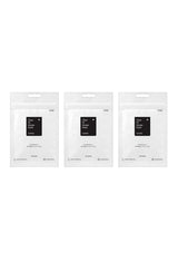 Three white packages with black labels on a white background