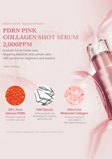 PDRN Pink Collagen Shot Serum packaging with product details on a pink background