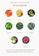 Illustration of 8 essential oils with their names and images on a white background