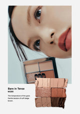 Makeup palette with swatches and a close-up of a person's eye, featuring the shade 'Bare in Tense M386'.