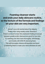 Text about foaming cleanser on a blue background with bubbles