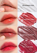 Lipstick shades #01 Shining Star, #02 Healthy Coral, #03 Mauve Rosy, and #04 Plum Pink with close-up of lips wearing #02 Healthy Coral.