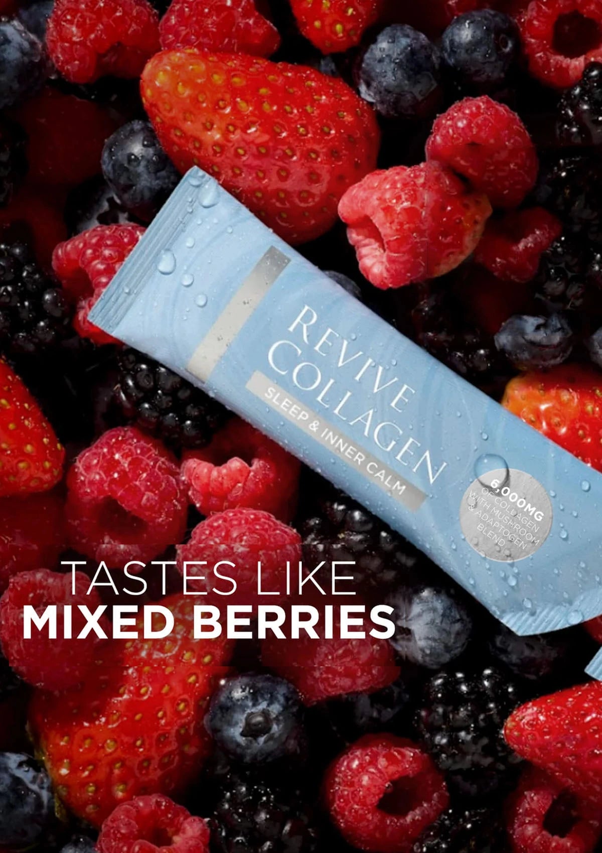 Revive Collagen package surrounded by mixed berries with text 'Tastes like Mixed Berries'.