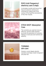 Three steps of EMS elasticity care, STEM SHOT absorption care, and TORNING skin care with visual elements.