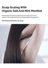 Product advertisement for scalp scaling with organic salt and mint menthol, featuring a person with long hair.