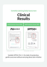 Advertisement for Centella Calming Daily Sunscreen with clinical results and SPF/PA++++ information.