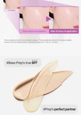 Advertisement for a makeup product showing application before and after 8 hours, with a focus on foundation.