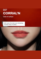Lipstick color swatch with '007 CORRAL'N' branding and description on a red background.